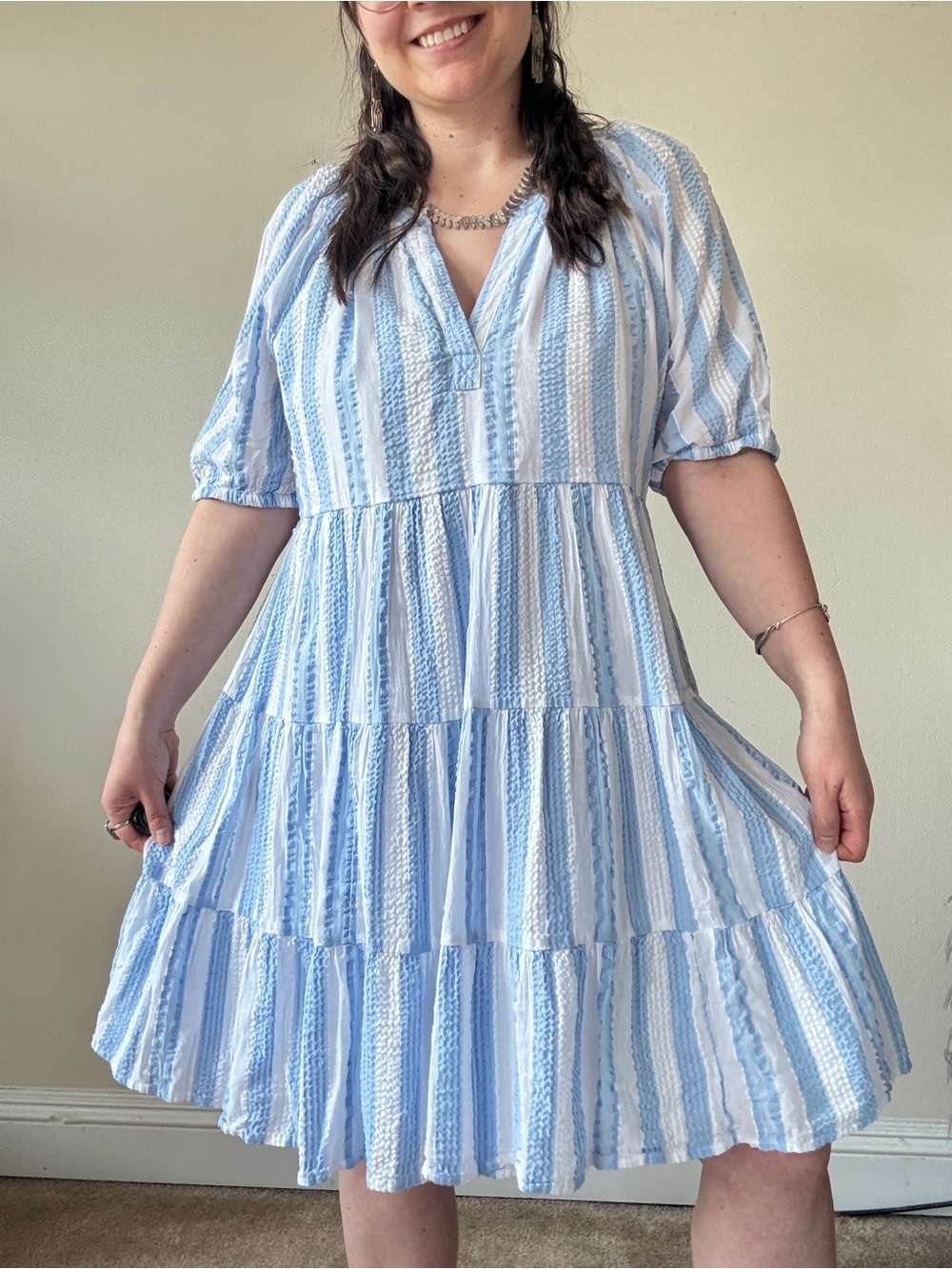 Crown & Ivy Light Blue & White Striped Tiered Midi Dress